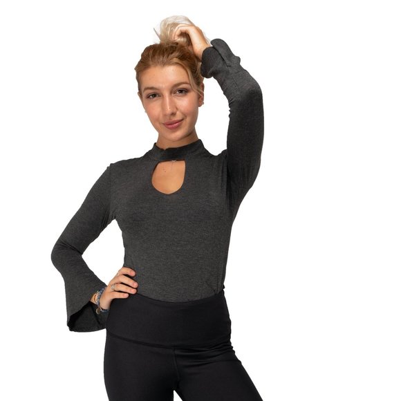 TOP NOTCH Long Sleeves Choker Top-Charcoal Gray - Picture 1 of 3